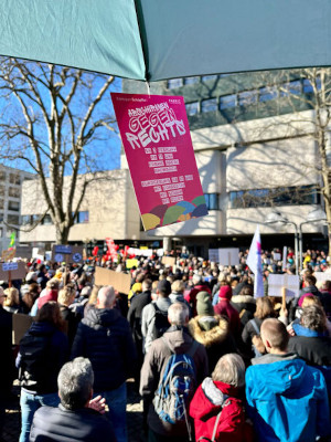 Eine große Menschenmenge versammelt sich im Freien zu einem Protest. Die Menschen halten Schilder und Fahnen hoch, umgeben von Bäumen und städtischen Gebäuden im Hintergrund. (c) Vera Meister